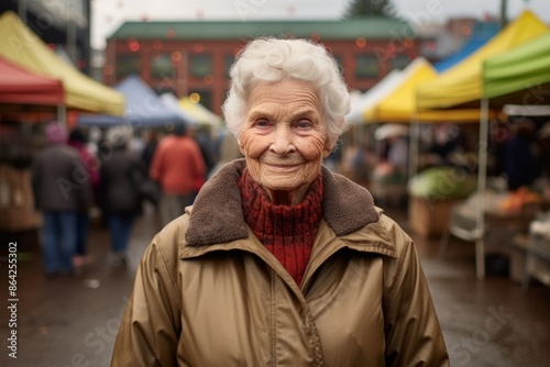 Portrait of a tender elderly woman in her 90s wearing a lightweight packable anorak over bustling farmer's market