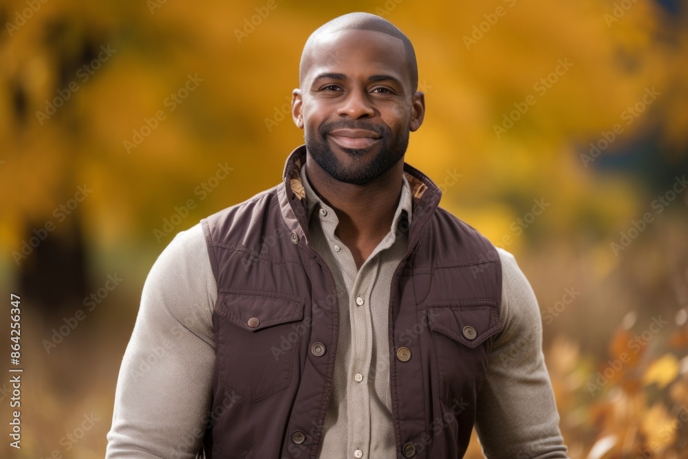 Portrait of a grinning afro-american man in his 30s wearing a rugged jean vest isolated on background of autumn leaves Portrait of a grinning afro-american man in his 30s wearing a rugged jean vest isolated on background of autumn leaves