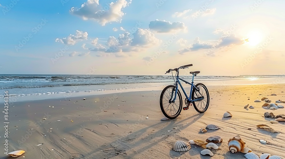 Fototapeta premium Coastal Serenity: A Bicycle at Sunset on a Sandy Shore