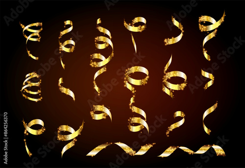 Gold confetti. Serpentine spiral ribbons. Golden luxury party decor.