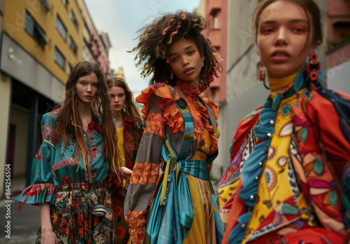A group of models wearing colorful in the street, posing for an advertising campaign