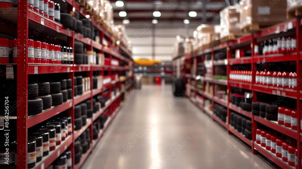 Industrial warehouse interior with shelves filled with various products, organized in rows under bright lighting. Industrial warehouse interior with shelves filled with various products, organized in rows under bright lighting.