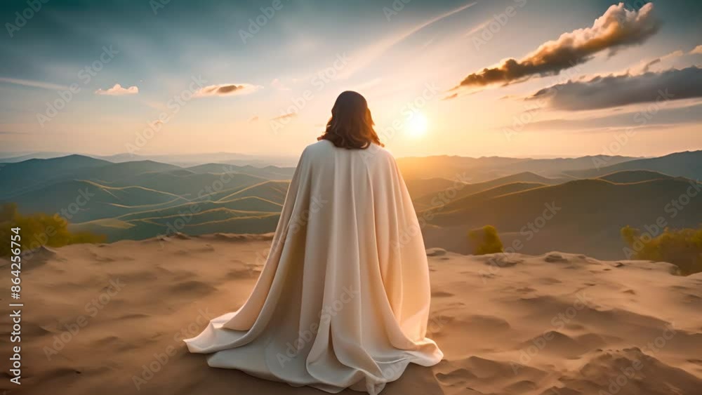 Jesus Gazing at Sunset Over Mountains Generative AI Jesus Gazing at Sunset Over Mountains Generative AI