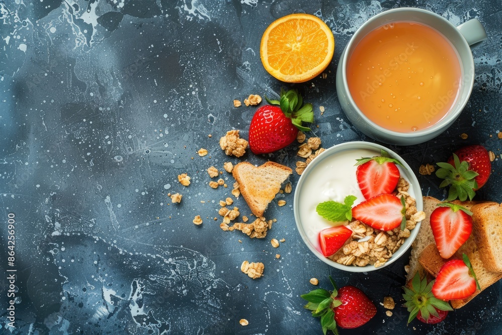 Copy space image of a nutritious breakfast featuring toast orange juice cereal milk yogurt and strawberries Copy space image of a nutritious breakfast featuring toast orange juice cereal milk yogurt and strawberries