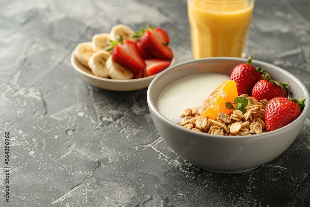 Copy space image of a nutritious breakfast featuring toast orange juice cereal milk yogurt and strawberries Copy space image of a nutritious breakfast featuring toast orange juice cereal milk yogurt and strawberries