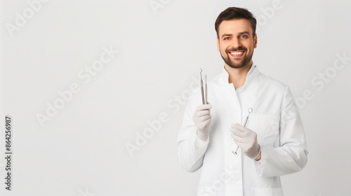 Photograph of a confident endodontist dentist in lab attire, holding endodontic files against a plain white wall, showcasing expertise in dental and bite problem treatments.   © Alena