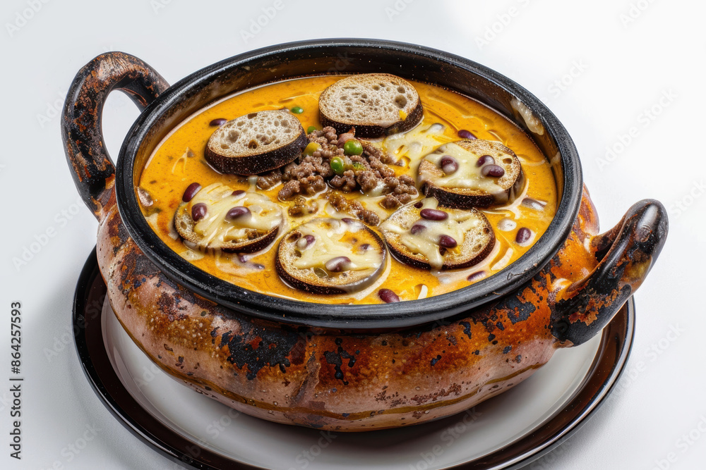 Elegant Cauldron of Bubbling Cheesy Bean Soup with Beef Elegant Cauldron of Bubbling Cheesy Bean Soup with Beef
