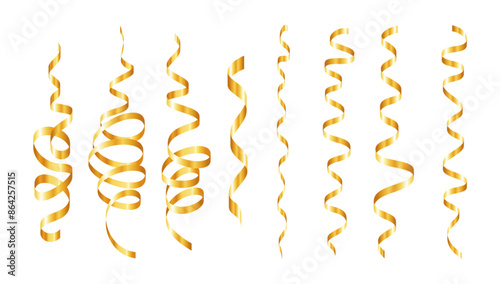 Gold confetti. Serpentine spiral ribbons. Golden luxury party decor.