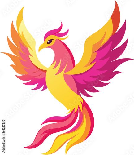 Stylized graphic phoenix bird resurrecting in flame logo template, vector illustration isolated on white background. Phoenix in fire logotype template
