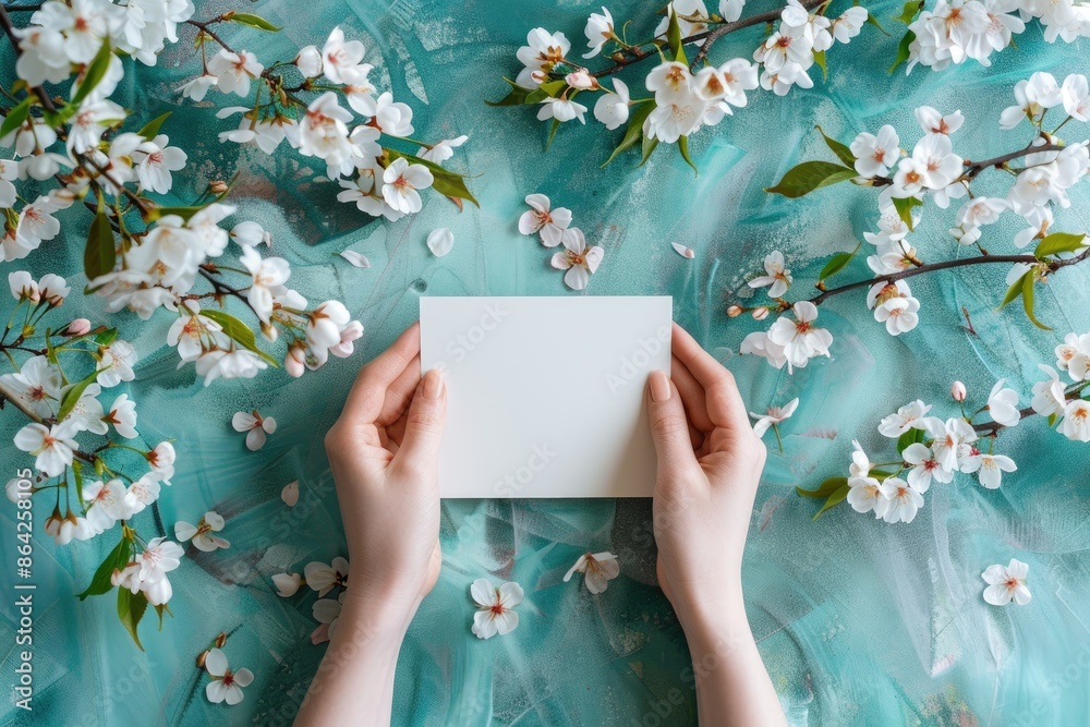 A copy space image of feminine hands cradling a blank card adorned with delicate flowers