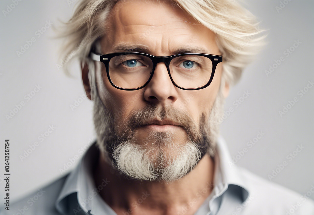 Portrait of handsome middle age man with blond hair and beard wearing eyeglasses, isolated white background.