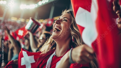 Excited Swiss Fans at Sports Event Displaying National Pride