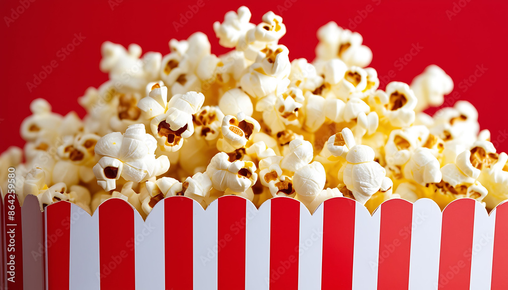 Close-up of popcorn in a red and white striped bucket. Concept of movie snacks, entertainment, cinema, and leisure. Close-up of popcorn in a red and white striped bucket. Concept of movie snacks, entertainment, cinema, and leisure.