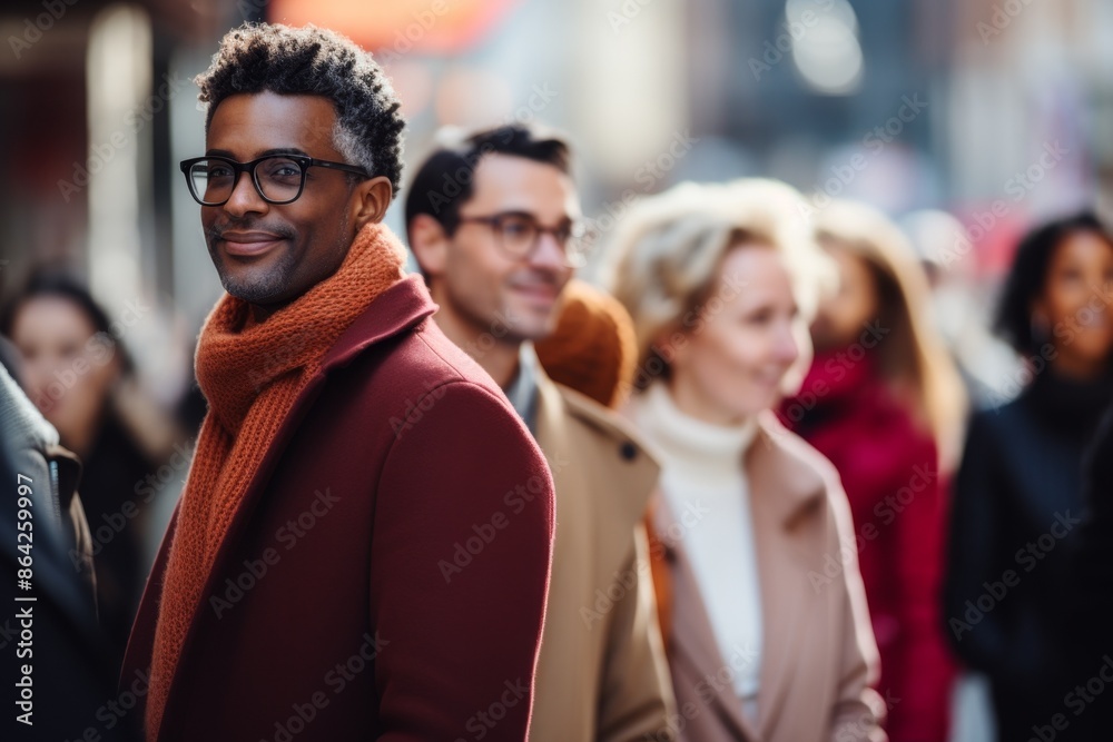 Obraz premium A diverse group of young adults walking in a busy urban street, with a young man in the foreground wearing glasses and a gray coat, looking content and thoughtful, horizontal image. The street scene i