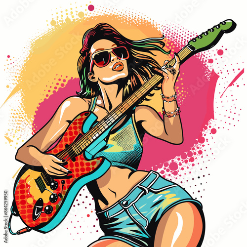 A woman is playing a guitar with a colorful design on it. She is wearing sunglasses and a tank top. The image has a vibrant and energetic feel to it, with the woman's pose