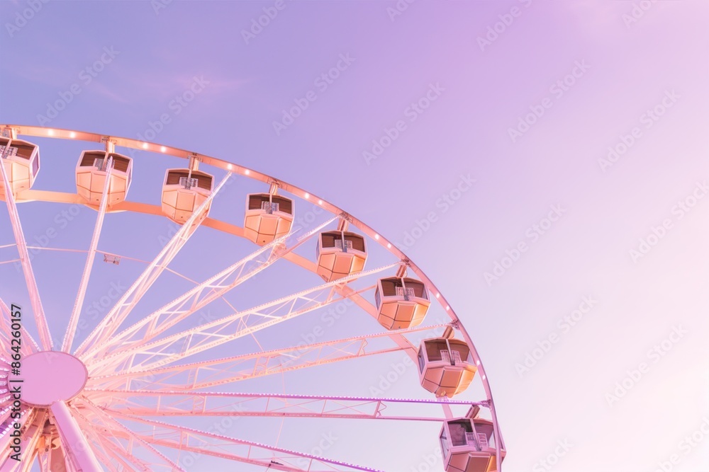 Fototapeta premium A vibrant and colorful Ferris wheel set against the backdrop of a beautiful sunset at the fairground. Light purple pink lavender sky.
