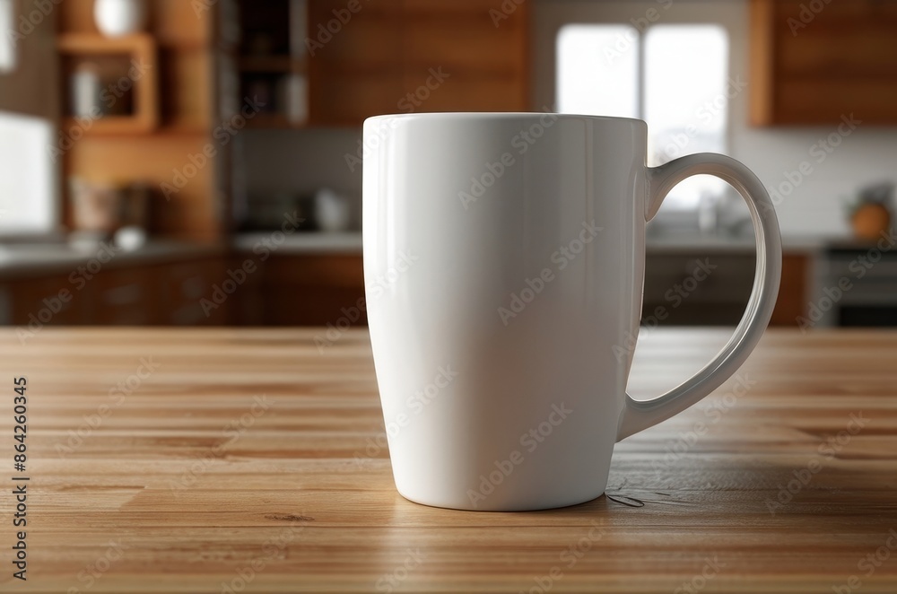 Fototapeta premium closeup empty white cup on wooden table, mock up, copy space