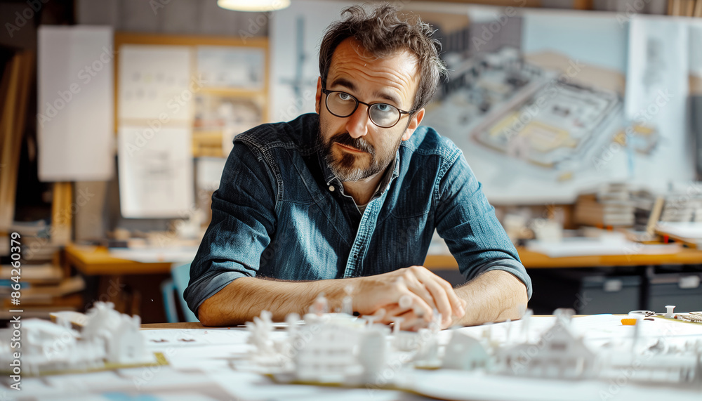 Portrait of architect man in glasses smiling on work workplace with miniature city project plan with houses, streets, with small trees. Eco-city architecture future city development concept image. Portrait of architect man in glasses smiling on work workplace with miniature city project plan with houses, streets, with small trees. Eco-city architecture future city development concept image.