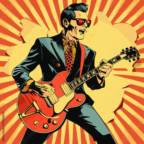 Guitar player. Pop art retro comic book style vector illustration