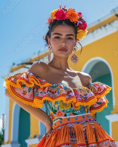 Woman in Colorful Folklorico Dress in Colonial-Style Courtyard

