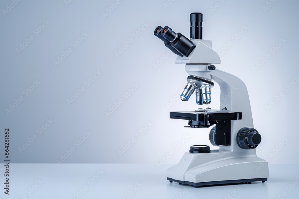 Minimalist lab setting with microscope on bright white background and subtle blue lighting, science and research concept, banner, copy space Minimalist lab setting with microscope on bright white background and subtle blue lighting, science and research concept, banner, copy space