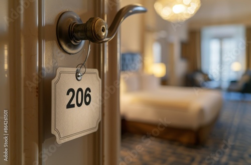 Hotel Room Door With Number 206 and View of Bedroom