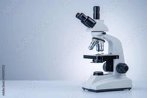Minimalist lab setting with microscope on bright white background and subtle blue lighting, science and research concept, banner, copy space