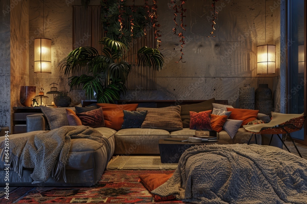 Cozy Living Room for Relaxation with Textured Cushions, Blankets, and Ambient Lighting Cozy Living Room for Relaxation with Textured Cushions, Blankets, and Ambient Lighting