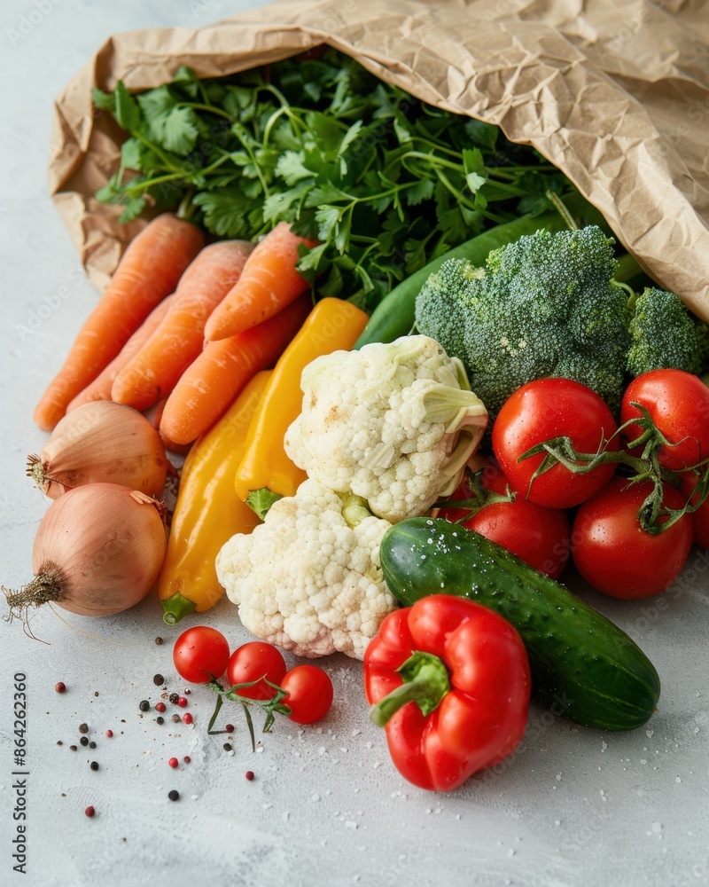 Close-Up of Healthy Vegan Food with Vegetables and Fruits Spilling from Paper Bag

