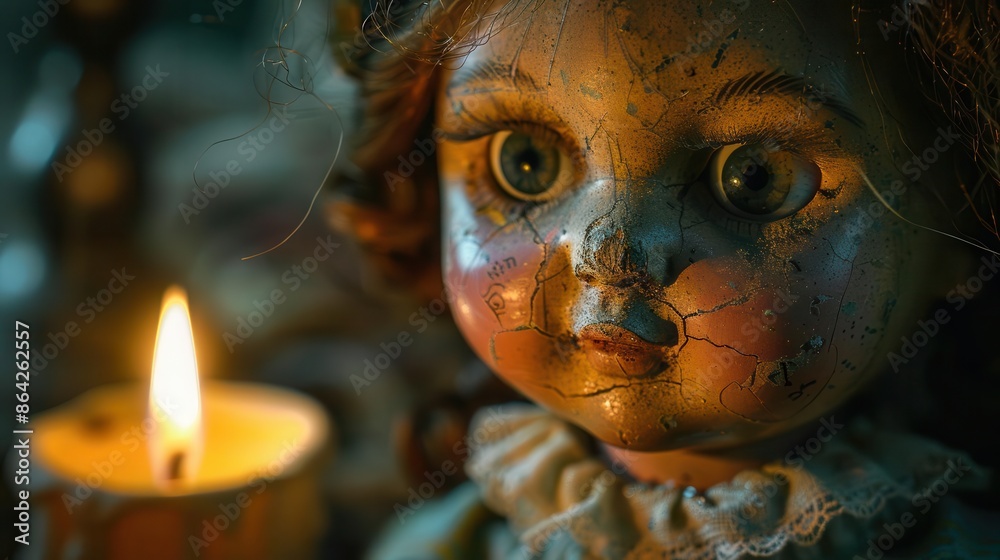 close up of a doll with a candle in the background close up of a doll with a candle in the background