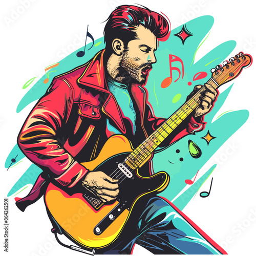 Guitar player. Pop art retro comic book style vector illustration