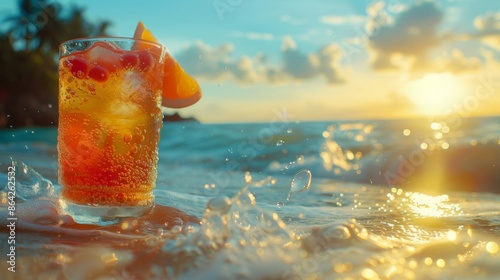 Summer Chill Delight: Vibrant fruity Drink on Sandy Shores, waves and Bubbles, Graphic resource, wallpaper, banner design, brochure, web, promotion, advertising, illustration, background,
