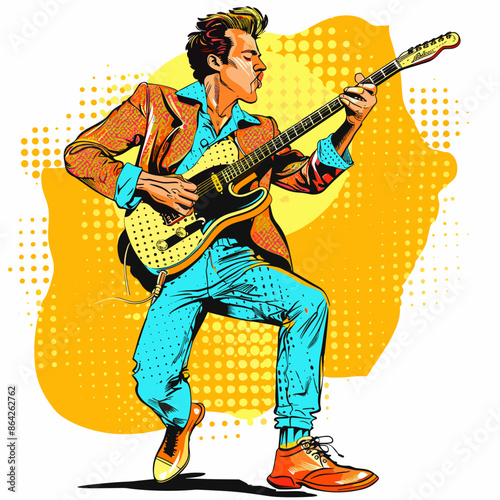 Rock guitarist. Pop art retro comic book style vector illustration. Musician playing guitar.