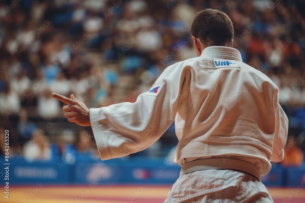 Olympic Judo Referee Signaling Ippon in Intense Match with Blurred Audience in Background Olympic Judo Referee Signaling Ippon in Intense Match with Blurred Audience in Background