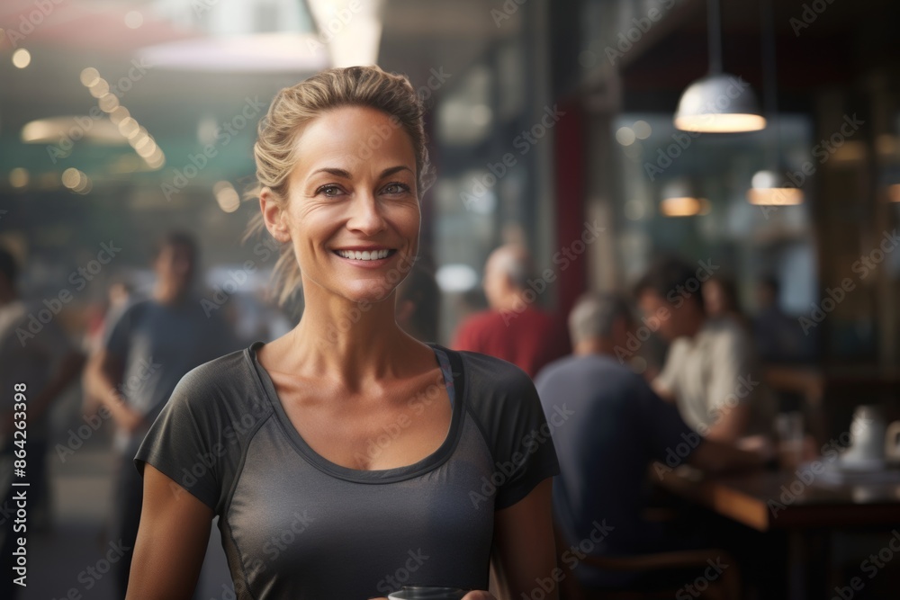 Portrait of a happy woman in her 40s sporting a breathable mesh jersey in front of bustling city cafe Portrait of a happy woman in her 40s sporting a breathable mesh jersey in front of bustling city cafe