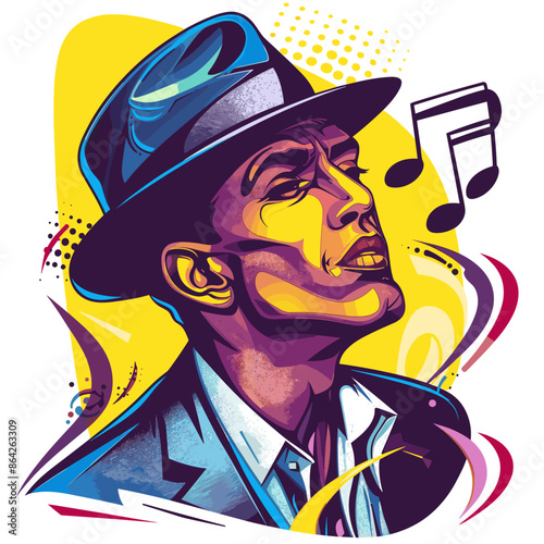 pop art singer with fedora and musical notes clip art preview