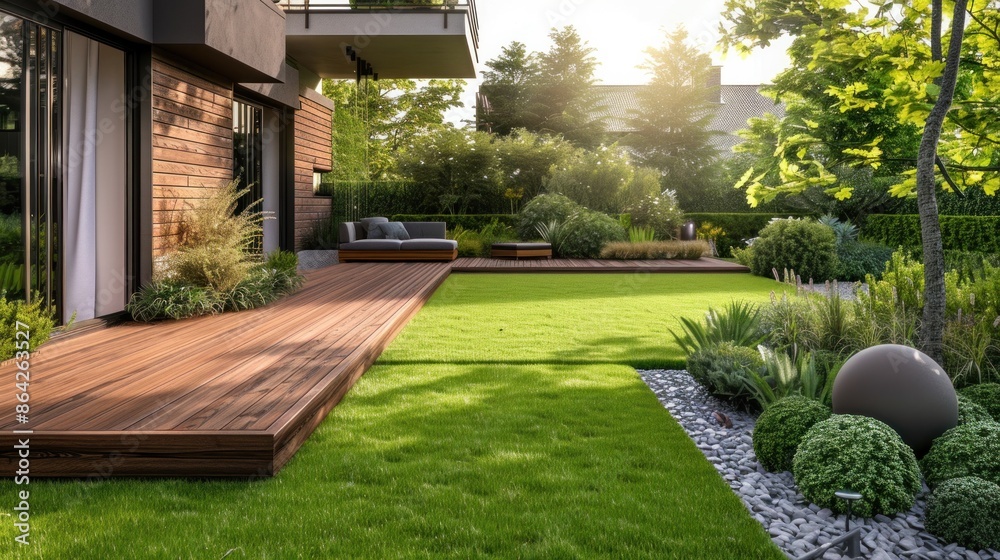 Modern lush green lawn with wooden decking in contemporary front yard design. Modern lush green lawn with wooden decking in contemporary front yard design.