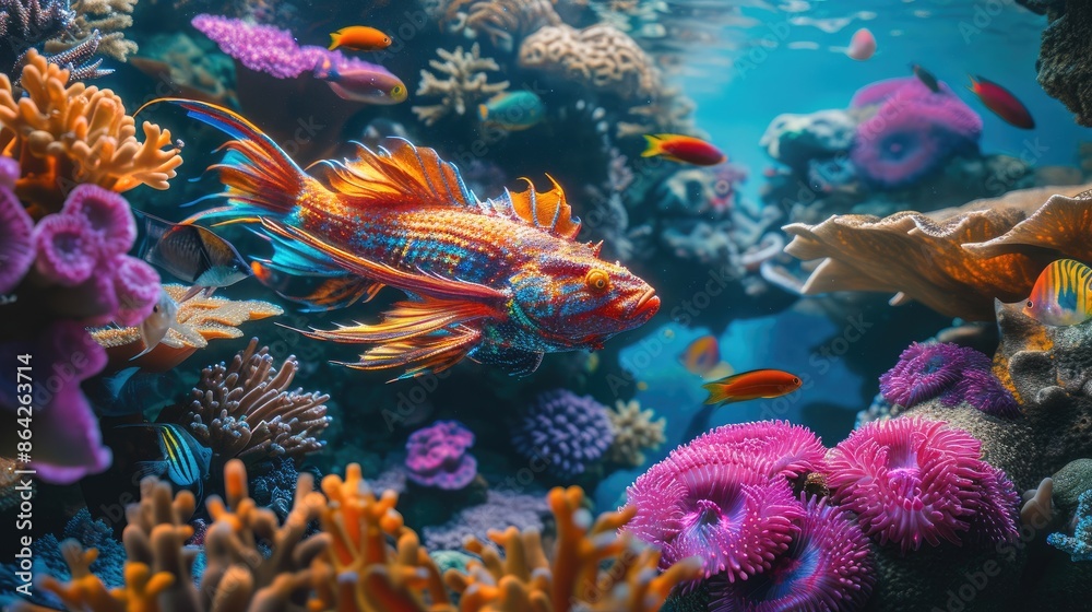 Naklejka premium Enchanted Underwater Realm: Miniature Dragon Fish in Coral