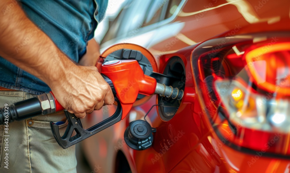 Fueling Up: Close-up of a Man Engaged in the Everyday Ritual of Pumping Gasoline at a Gas Station - A Snapshot of Modern Mobility Fueling Up: Close-up of a Man Engaged in the Everyday Ritual of Pumping Gasoline at a Gas Station - A Snapshot of Modern Mobility
