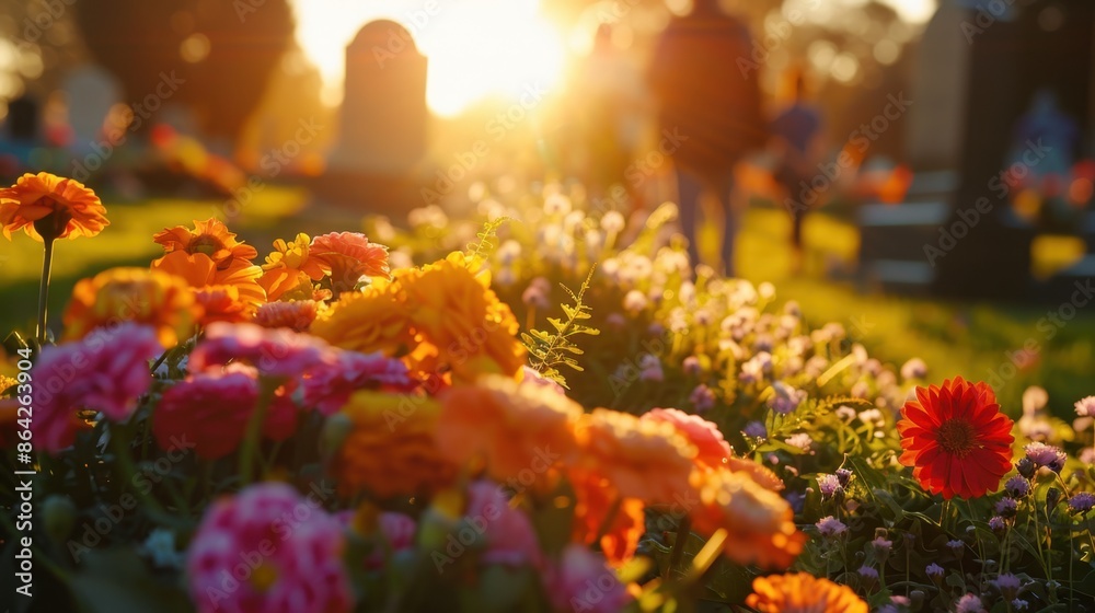 Fototapeta premium Memorial Day Cemetery Scene with Colorful Flowers and Visitors