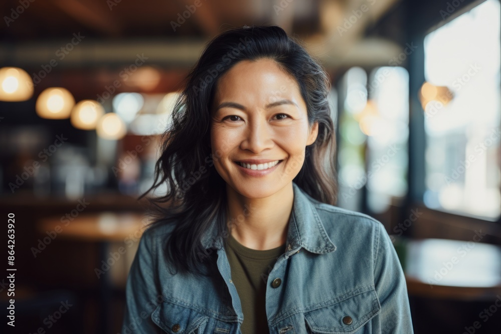 Portrait of a smiling asian woman in her 40s sporting a versatile denim shirt isolated in bustling city cafe Portrait of a smiling asian woman in her 40s sporting a versatile denim shirt isolated in bustling city cafe