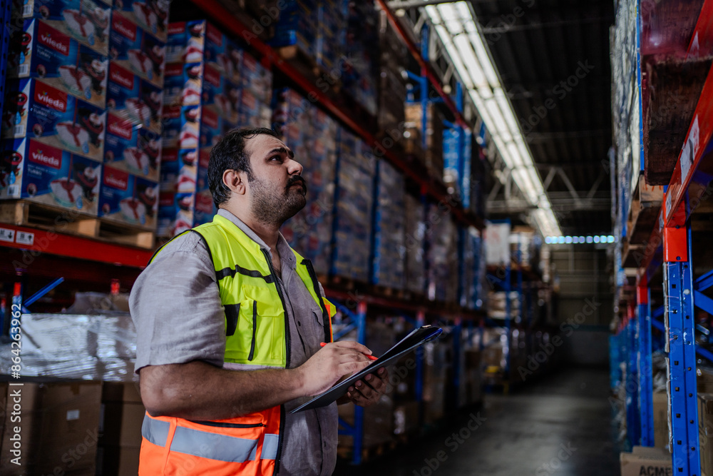 A man in a yellow vest is looking at a clipboard in a warehouse. The warehouse is full of boxes and shelves A man in a yellow vest is looking at a clipboard in a warehouse. The warehouse is full of boxes and shelves
