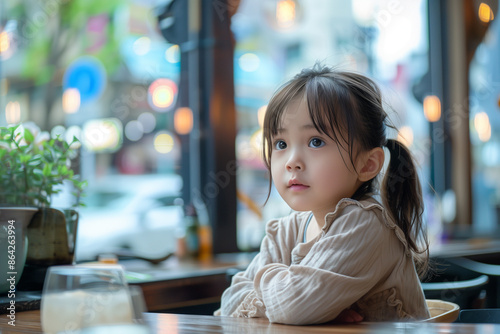 飲食店のお店の椅子に座っている女の子「AI生成画像」