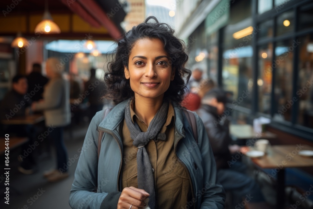 Portrait of a glad indian woman in her 40s sporting a breathable hiking shirt over bustling city cafe Portrait of a glad indian woman in her 40s sporting a breathable hiking shirt over bustling city cafe