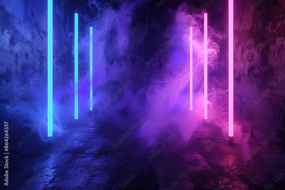 Dark room with empty walls neon light smoke and a captivating glow providing an ideal background for a copy space image Dark room with empty walls neon light smoke and a captivating glow providing an ideal background for a copy space image