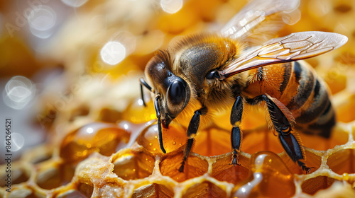 A bee on a honeycomb, collecting nectar. The bee is covered in pollen. © easybanana