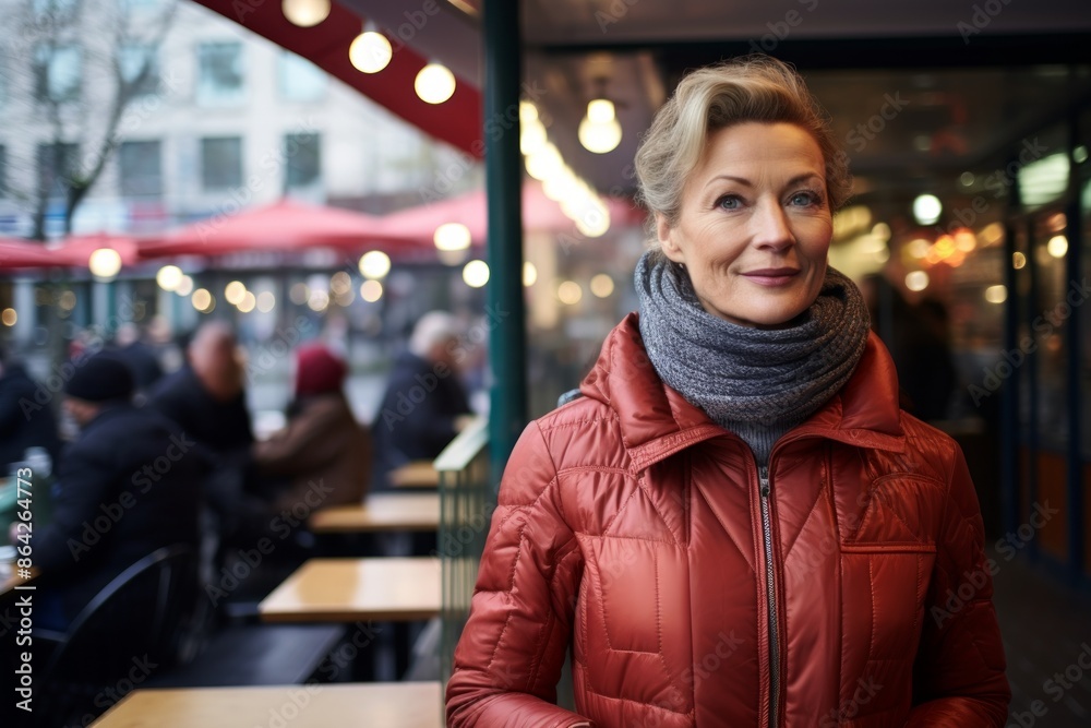 Portrait of a jovial woman in her 50s wearing a windproof softshell in bustling city cafe Portrait of a jovial woman in her 50s wearing a windproof softshell in bustling city cafe
