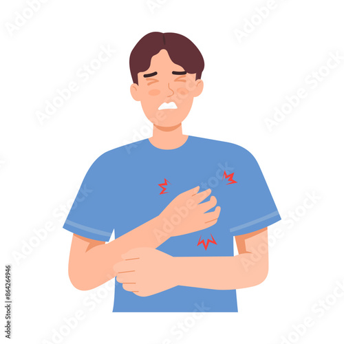 Man has a heartbeat attack. Concept of cardiac arrhythmia. Vector illustration isolated on white background. 