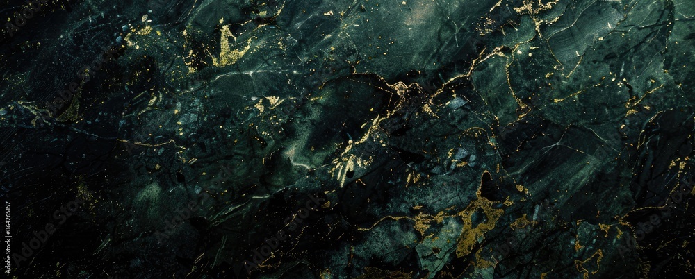 Fototapeta premium A grunge dark background featuring an abstract black and green marble texture with copy space image