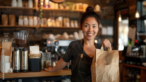 Business owner in coffee cafe. Happy woman with paper bag near showcases.